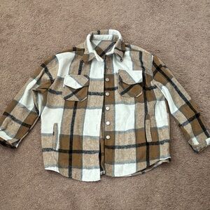 Plaid Button-Up Shacket in Cream and Brown
